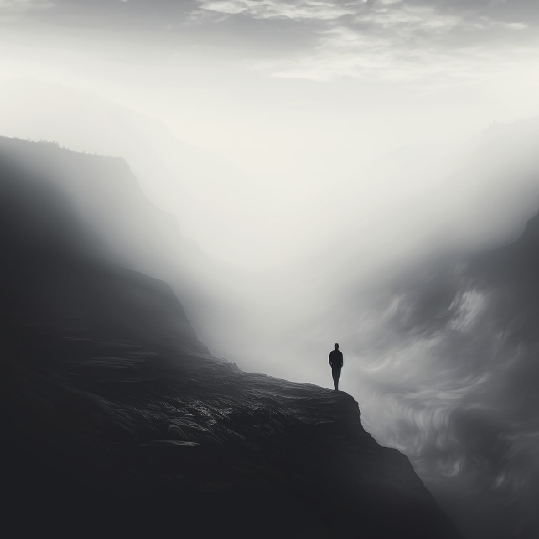 Individual standing on the edge, gazing into a thick fog rolling in, symbolizing the signs of disassociation and emotional detachment.