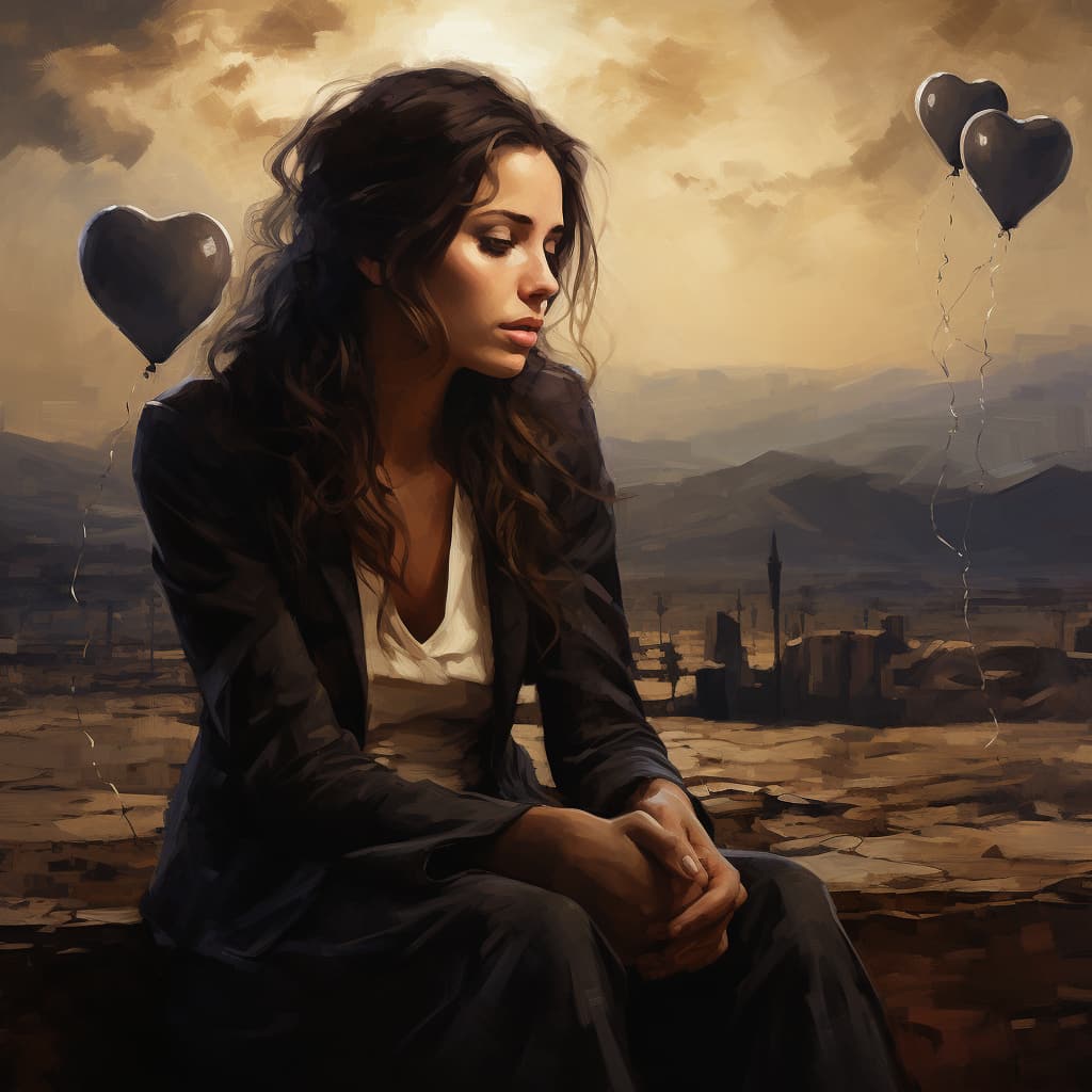 Distraught woman holding gray heart-shaped balloons, symbolizing the melancholy of love addiction.