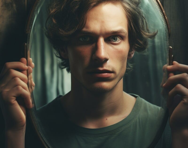 A man holding a mirror up and seeing his reflection, representing self-reflection and self-criticism related to negative self-talk.