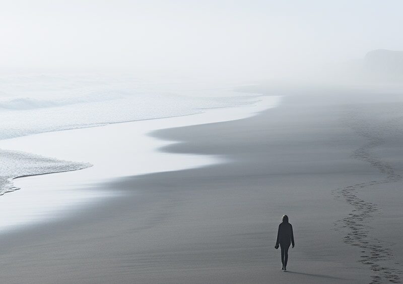 Solitary woman on a misty beach, contemplating escapism and solitude in nature.