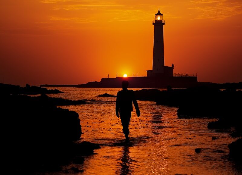 Golden sunset illuminating a lighthouse, as a man wades towards it, symbolizing hope and the journey to find a mental health IOP near him.