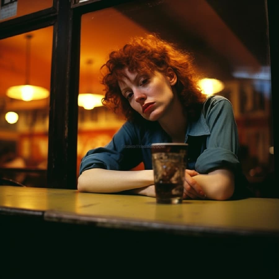 A woman sits alone in a dimly lit cafe, her expression somber as she contemplatively holds a coffee cup, capturing the introspective solitude often associated with understanding 'what does traumatized mean'.