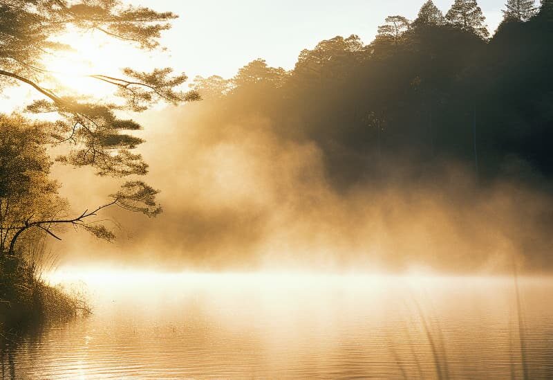 Serene sunrise over a calm lake with mist gently rising from the water, depicting a peaceful and hopeful scene, reflecting the healing environment of inpatient anxiety treatment centers.