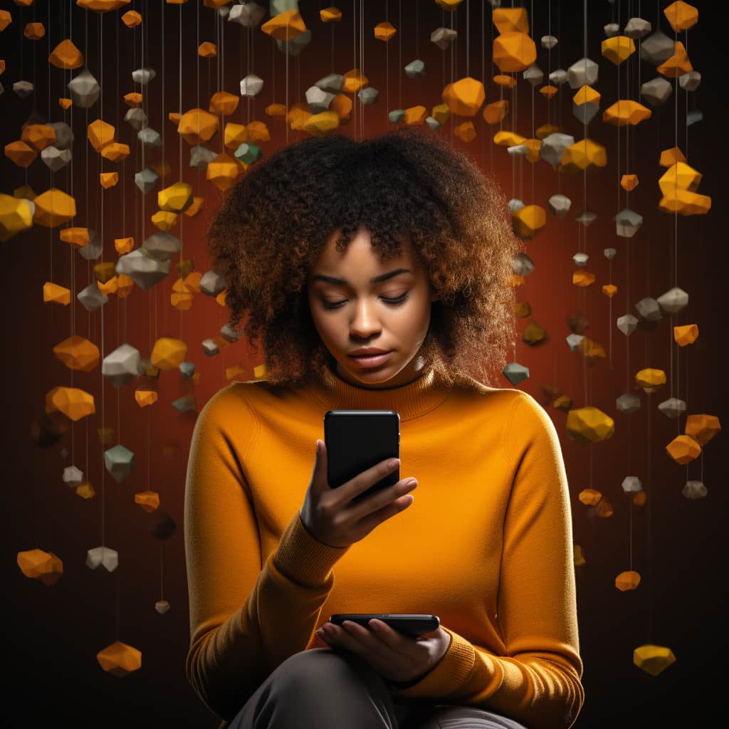 Image of a woman looking sadly at her phone, surrounded by floating icons representing messages and notifications, illustrating the overwhelming nature of social media and its impact on depression.