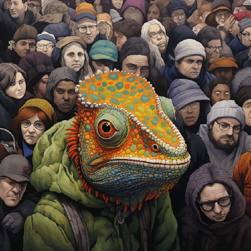 The chameleon's skin mimics the colors and patterns of the people around it, illustrating a pathological liar's ability to mimic and hide in plain sight amidst society.