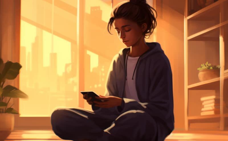 Illustration of a woman looking at her phone alone in a room, with a cityscape visible outside the window, depicting the isolation linked with social media and depression.