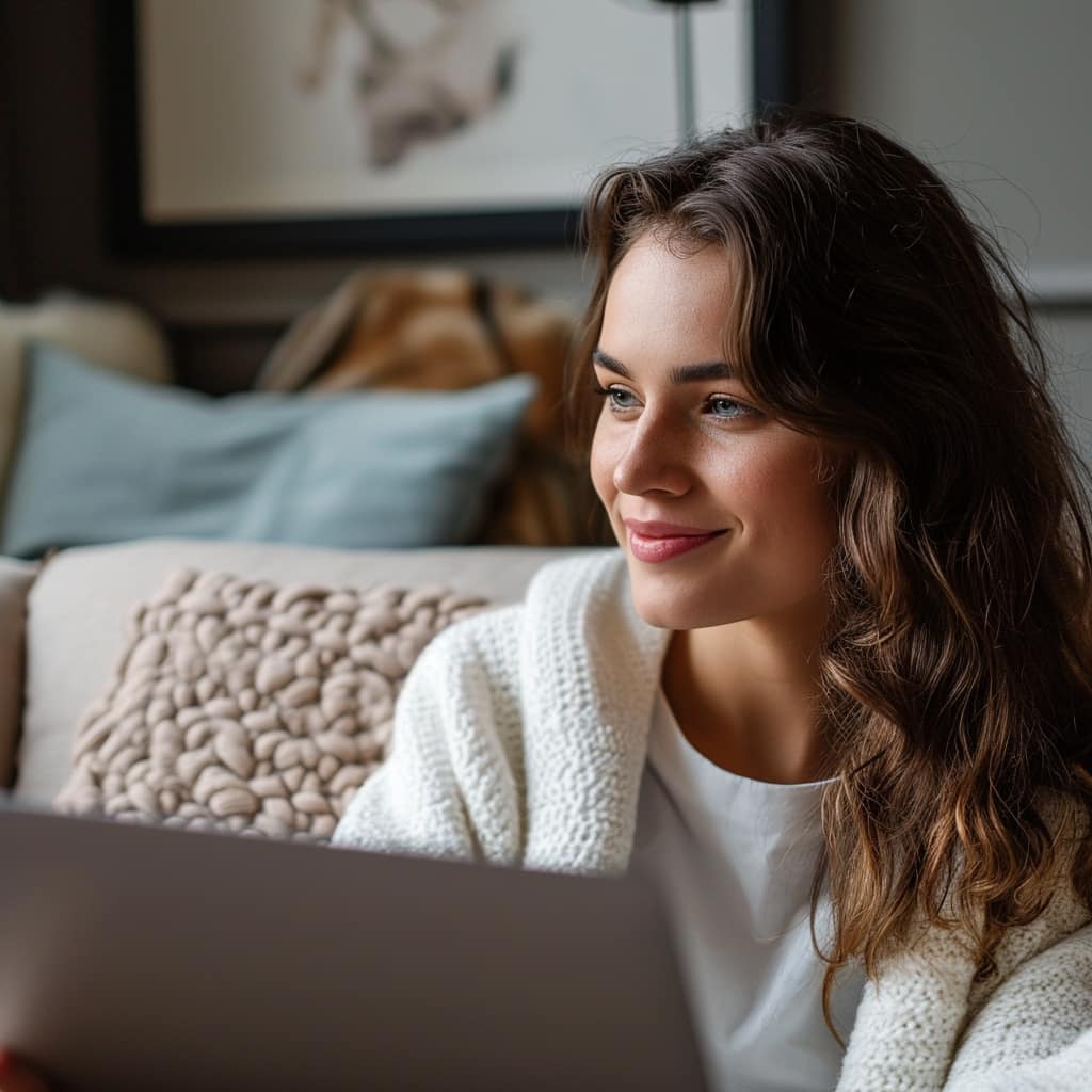 A woman sitting contentedly in a cozy, well-lit room, her face radiating happiness illustrating the peace and comfort achievable in mental health vs mental illness.