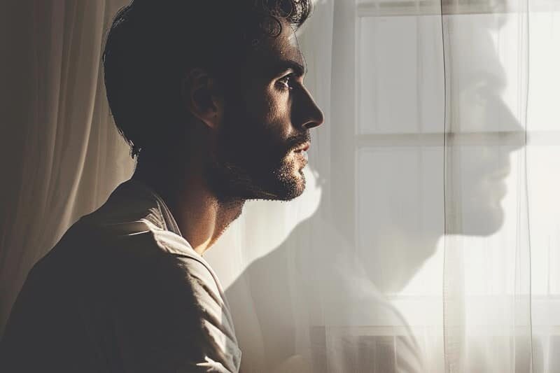 A double-exposed image of a man on a bed, artistically conveying the complexities of mental health vs mental illness.