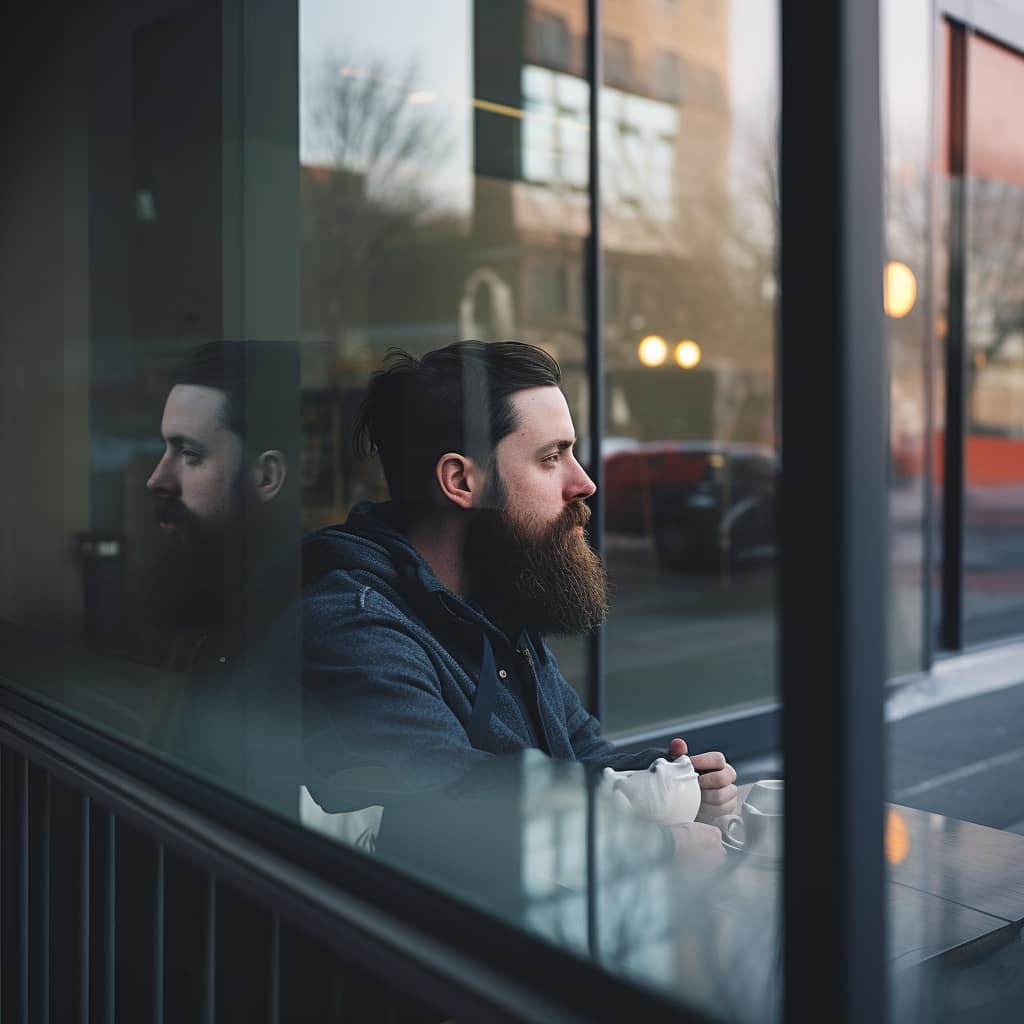 A man sitting alone in a café, staring pensively at his reflection in the window, symbolizing the isolation and introspective nature of someone struggling with Obsessive Love Disorder.