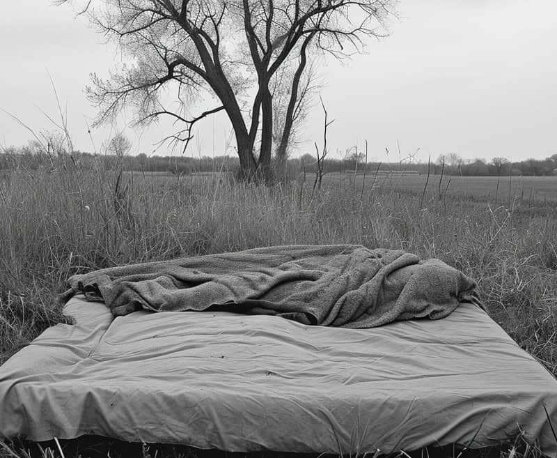 An empty bed with rumpled blankets in an open field, symbolizing the personal and intimate struggles associated with trauma and hypersexuality.