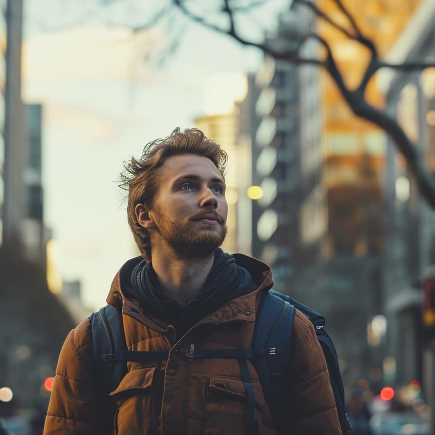 hopeful man in an urban setting reflecting the journey of dealing with trauma and hypersexuality, highlighting a sense of hope.