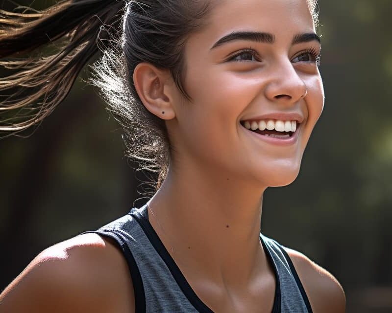 A smiling woman exercises outdoors, embodying the uplifting effect of physical activity on mental health and vitamins and supplements for depression.