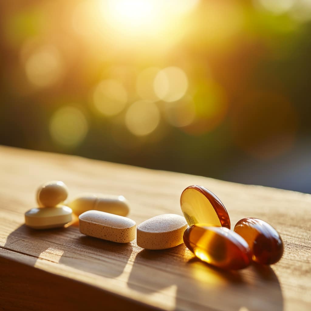 Various supplement pills on a table, highlighting the range of vitamins and supplements explored in the article as options for depression treatment.