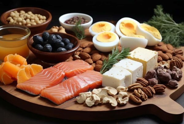 2. An assortment of serotonin-boosting foods artfully arranged, featuring salmon, eggs, nuts, seeds, cheese, pineapples, tofu, and sliced turkey, showcasing the variety and nutritional benefits of each item.