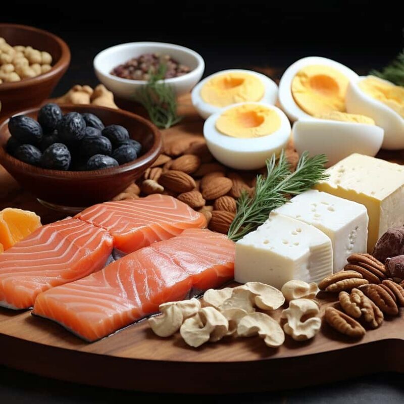 2. An assortment of serotonin-boosting foods artfully arranged, featuring salmon, eggs, nuts, seeds, cheese, pineapples, tofu, and sliced turkey, showcasing the variety and nutritional benefits of each item.