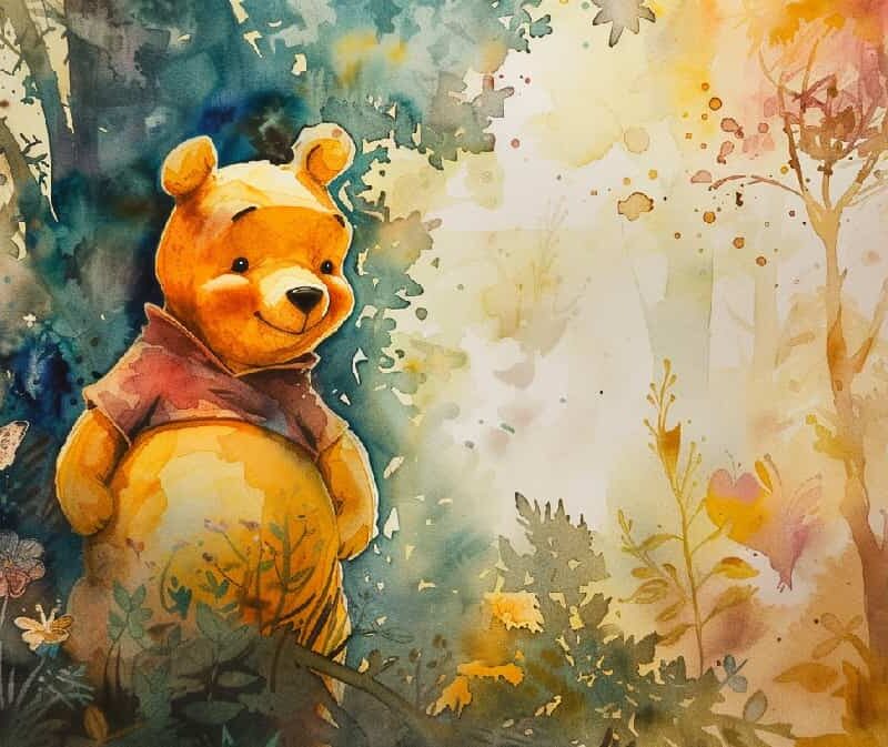 1. Watercolor painting of Winnie the Pooh wandering through the Hundred Acre Wood, symbolizing exploration of mental health themes in a serene, natural setting.