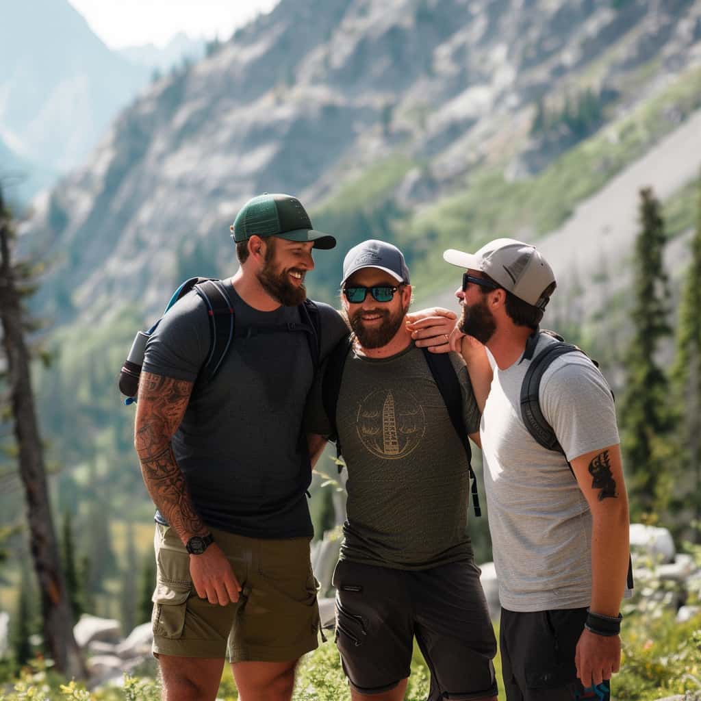 2. men together in a supportive circle, bonding and healing from mental health issues, inspired by the themes of companionship and understanding in Winnie the Pooh and Mental Health.